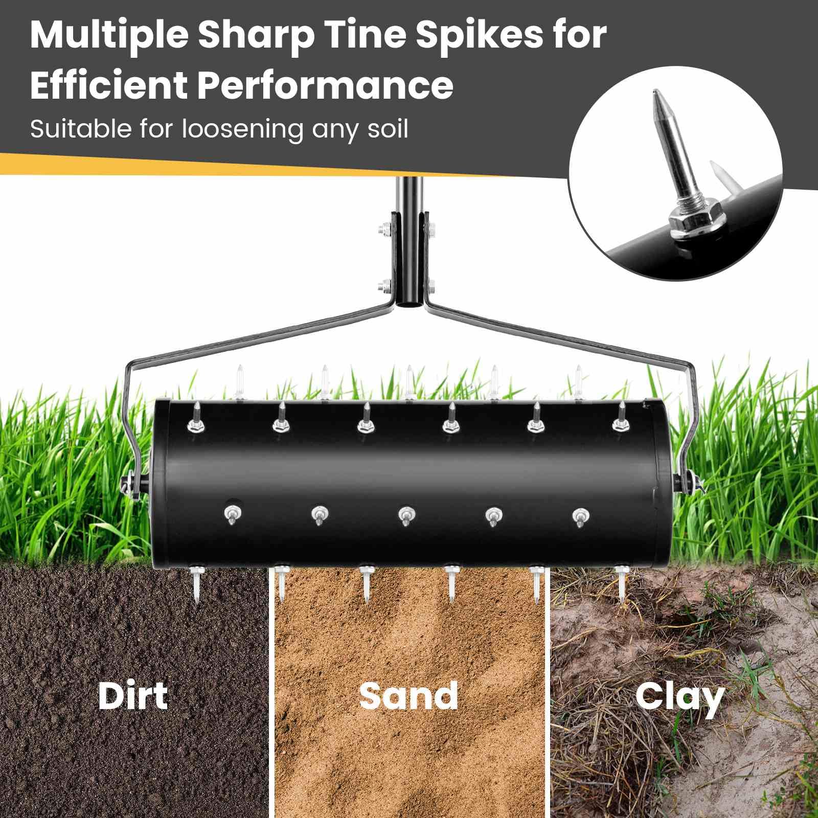 Heavy-Duty Rolling Aerator w/ Lawn Soil Penetrating Spikes & 130 cm Handle
