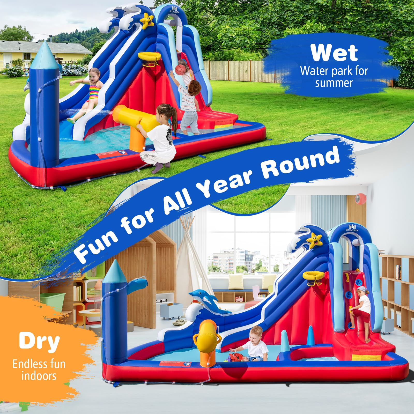 Dolphin Theme Kids Bounce House Water Park w/Long Slide