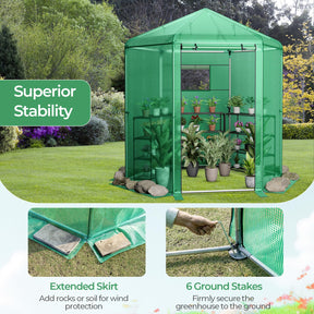 Walk-in Greenhouse, Hexagonal Greenhouse with PE Cover & Metal Frame, Winter Greenhouse with 2-Layered Window & Roll-Up Door