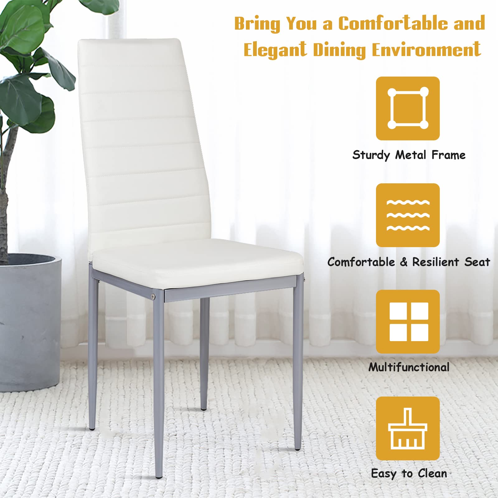 Giantex Set of 4 Dining Chairs with High Backrest, Kitchen Chair with Metal Legs, Leather Seat