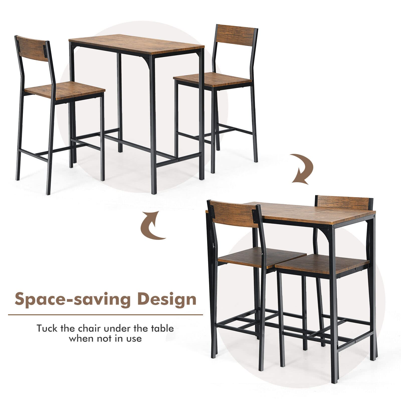 Giantex 3 Pieces Bar Table Set, Counter Height Bistro Table with 2 Stools, Rustic Brown & Black