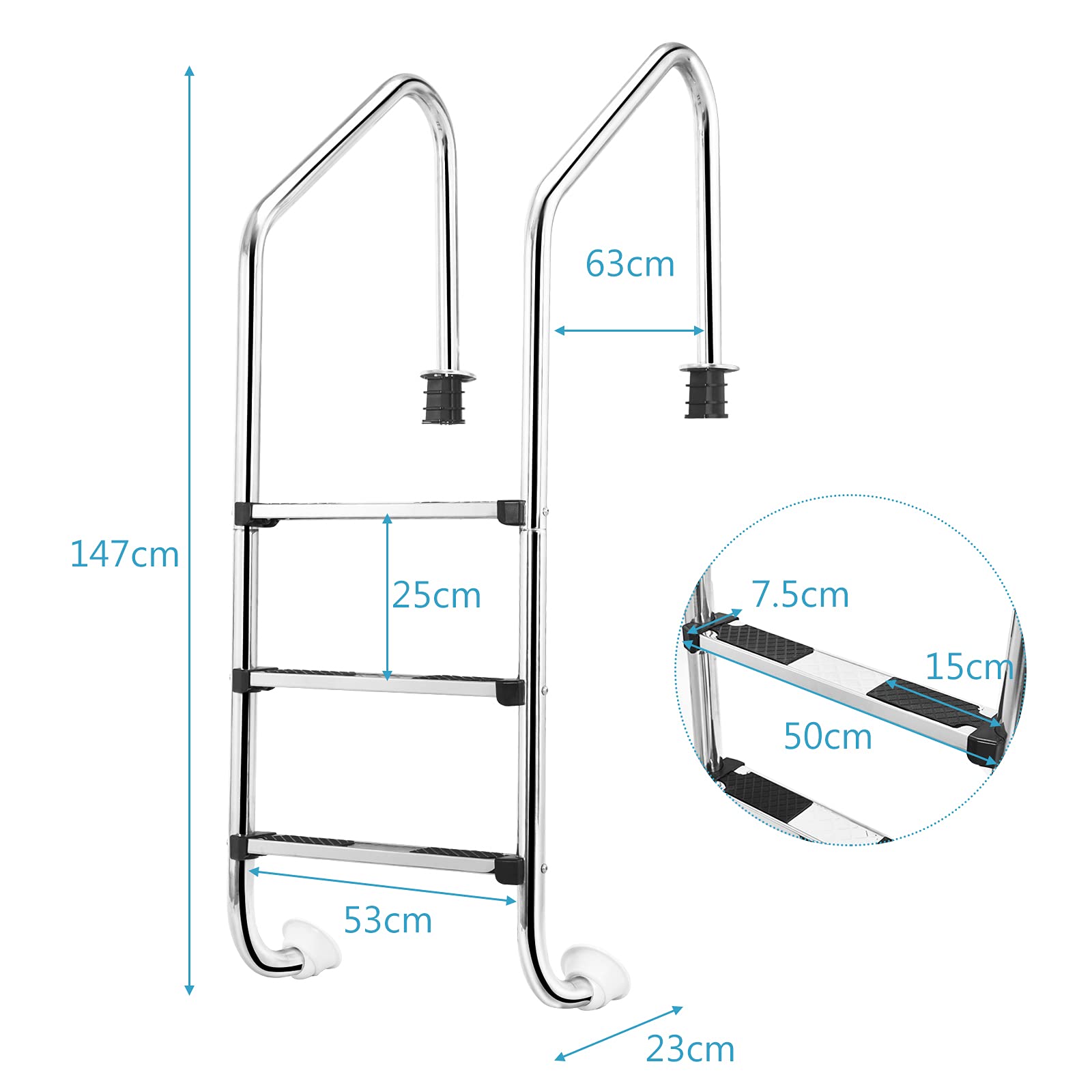 3-Step Split Stainless Steel Pool Ladder, Heavy Duty Steel Ladder for In Ground Pools