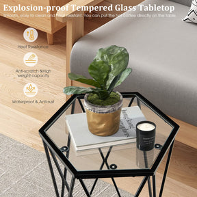 Giantex Compact Coffee Table, Hexagonal Side Table w/Tempered Glass Top & Metal Frame