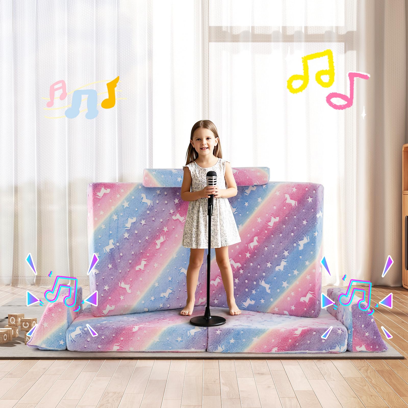 HONEY JOY 8 PCS Modular Kids Play Couch, Glow in The Dark Toddler Sectional Sofa