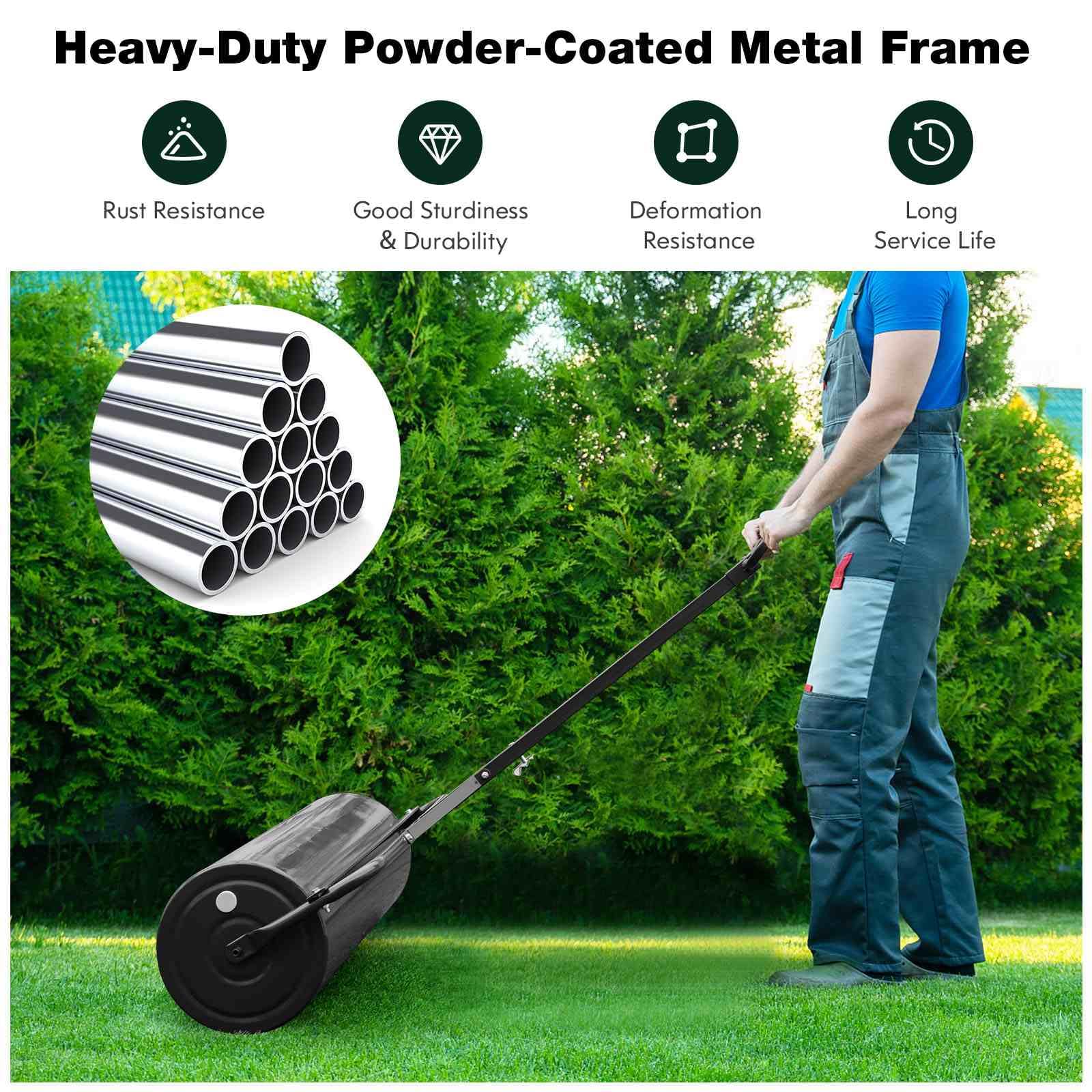 Metal Lawn Roller, Push/Tow-Behind Lawn Roller, 63L Water/Sand-Filled Sod Roller with Detachable Gripping Handle