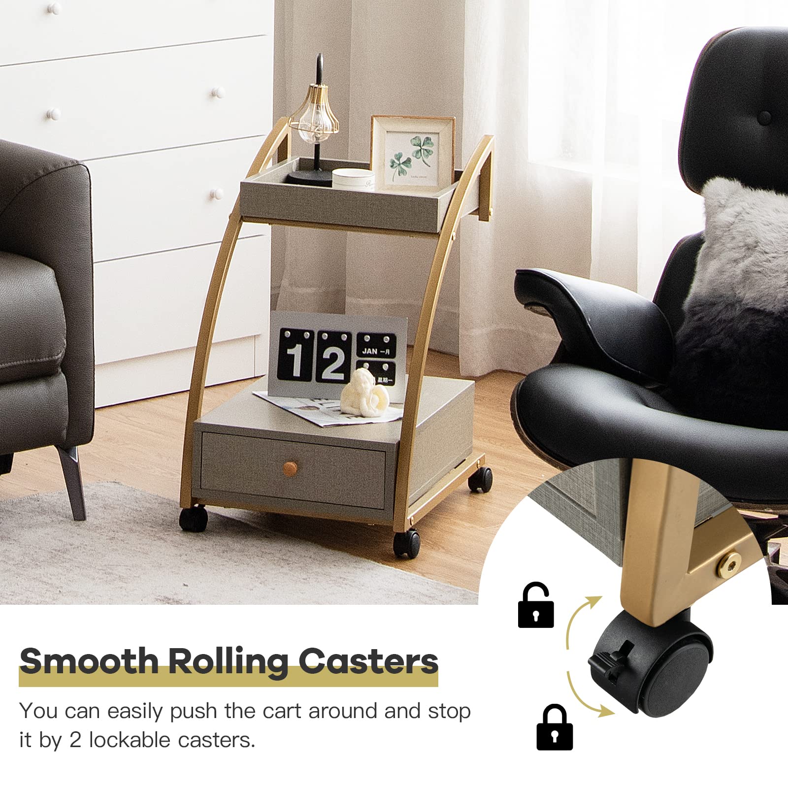 Giantex Rolling Side Table, 2-Tier End Table w/Drawer, C-Shaped Sofa Side Table, Grey & Gold