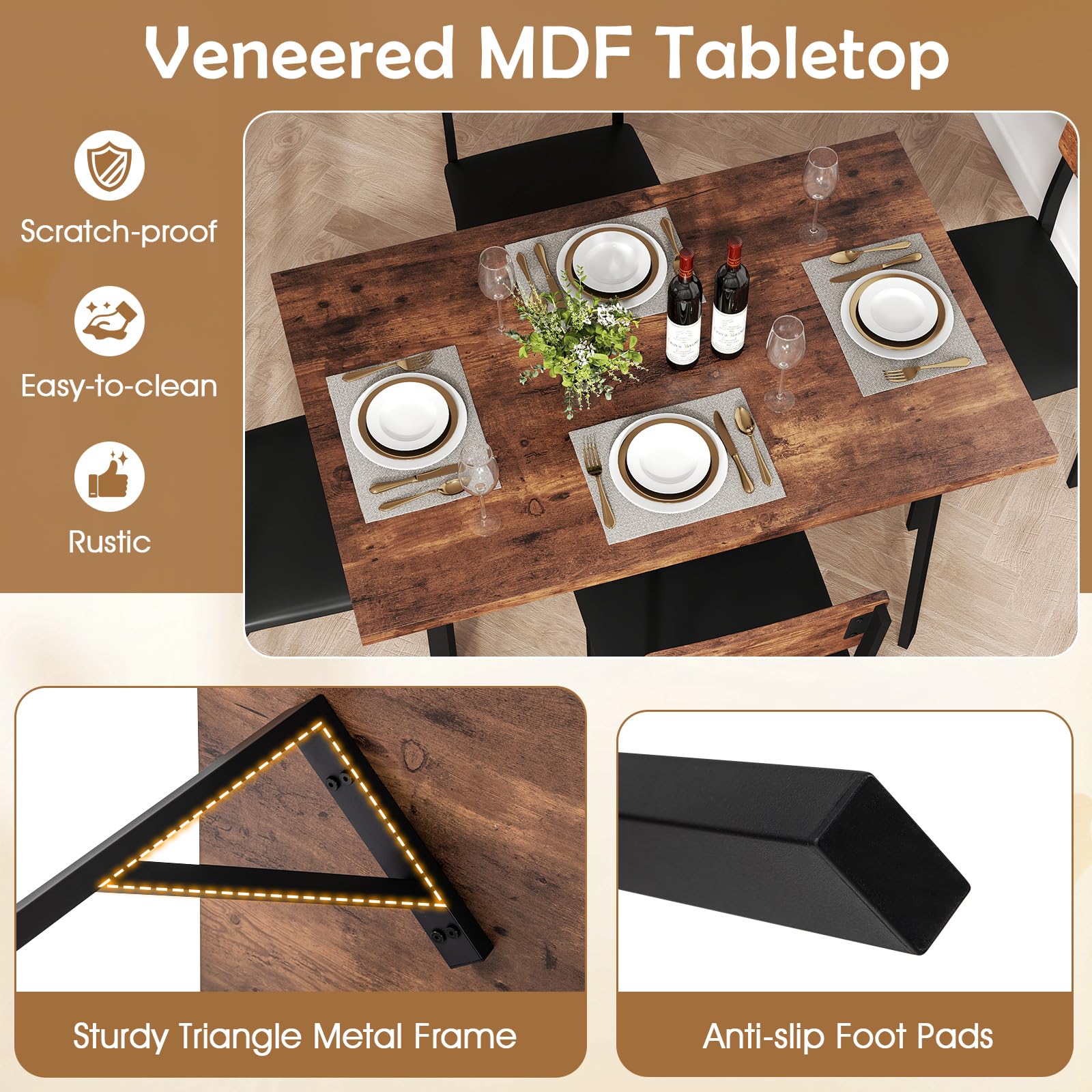 5-Piece Dining Table Set Industrial Kitchen Table and 4 PU Leather Upholstered Chairs