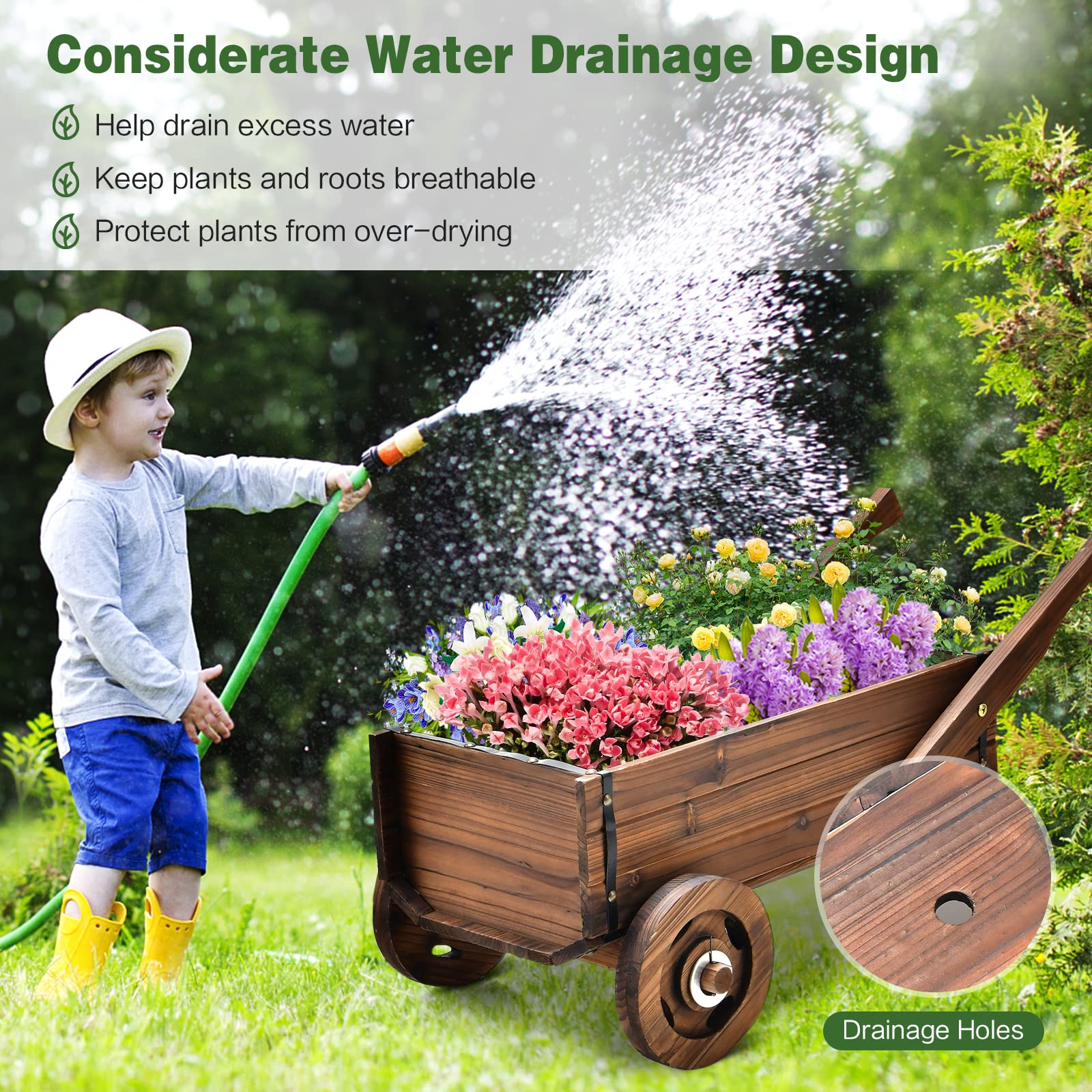Giantex Wooden Wagon Planter Box, Decorative Wagon Cart with Wheels, Handles, Drainage Hole