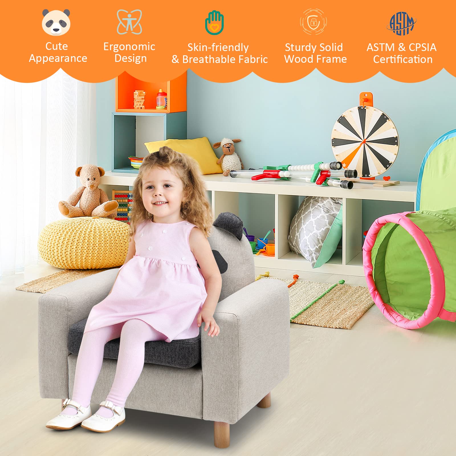 HONEY JOY Kids Sofa, Toddler Chair w/Solid Wood Frame, Thick Cushion, Child Armchair for Play Room