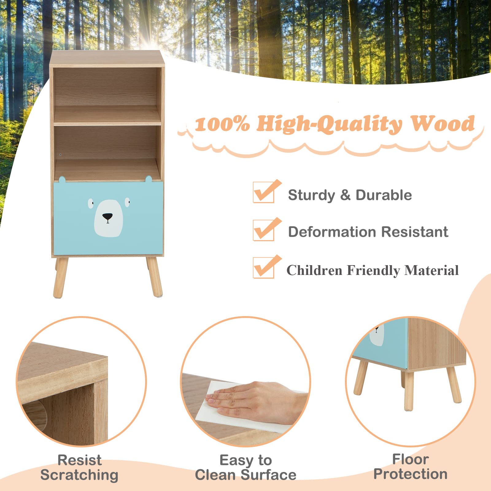 HONEY JOY 3-Tier Kids Wooden Bookshelf, Storage Shelf for Toddlers