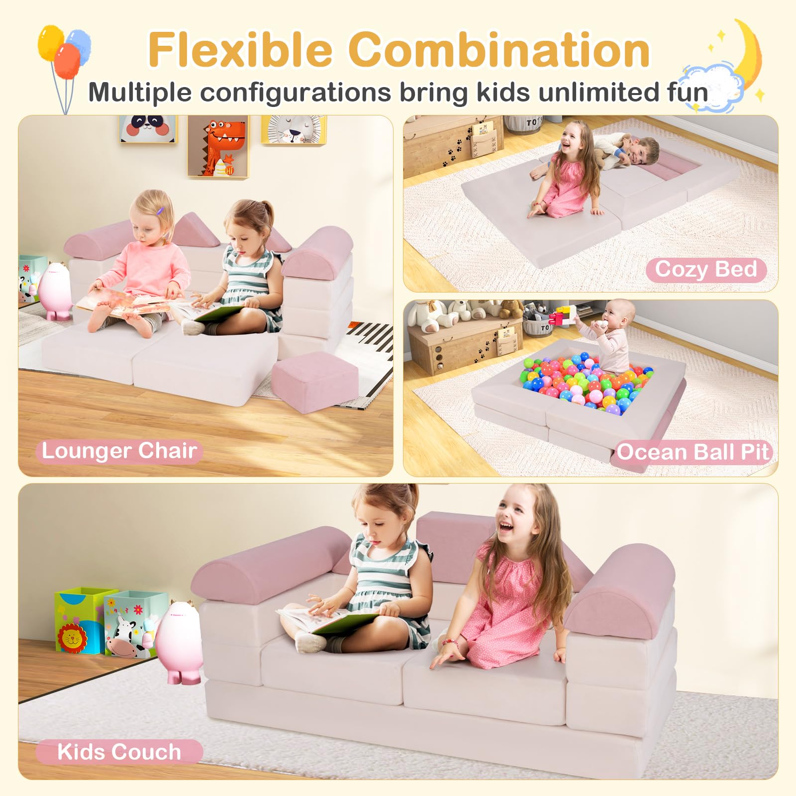9-Piece Modular Kids Play Couch with Machine-washable Covers
