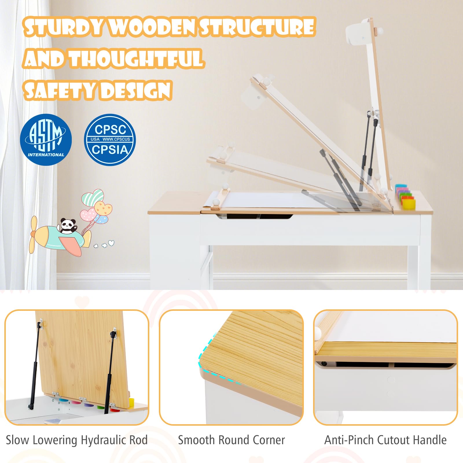 HONEY JOY Kids Table and Chairs Set, 2 in 1 Wooden Art Table & Easel Set for Children with 2 Chairs, 6 Storage Bins
