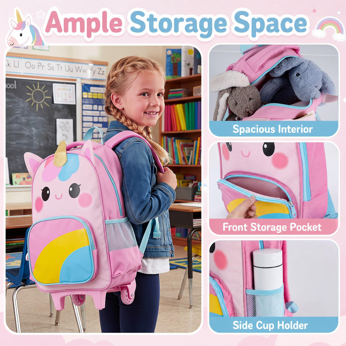 Wheeled Backpack with Lunch Box and Pencil Case, Travel Luggage for Kindergarten, Elementary Preschool Students