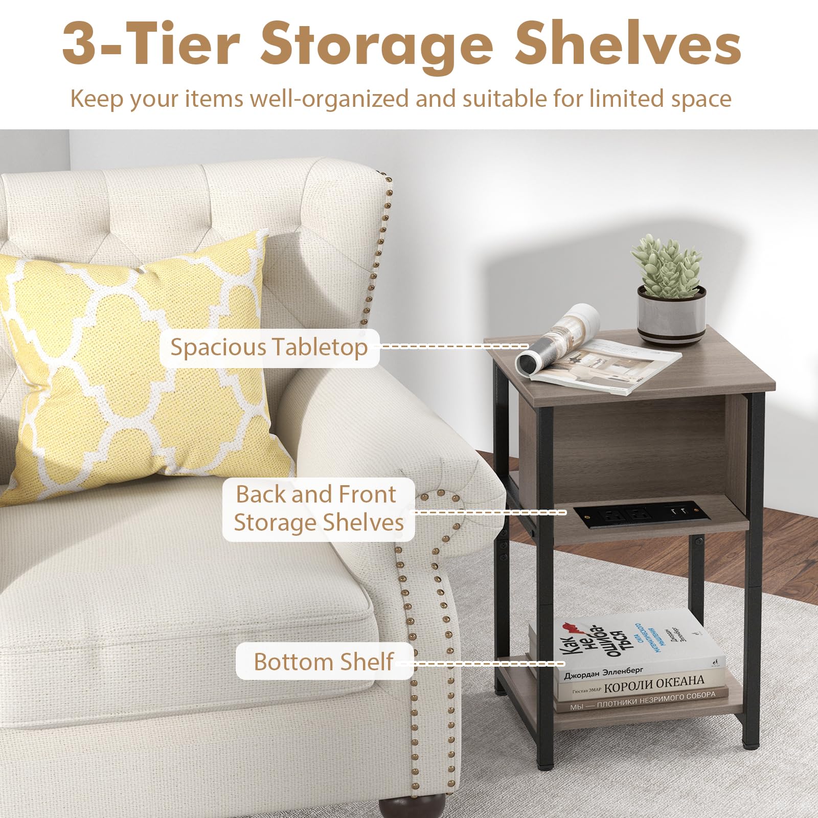 Giantex Bedside Table Set of 2, 3-Tier End Table w/Storage Shelf for Small Spaces