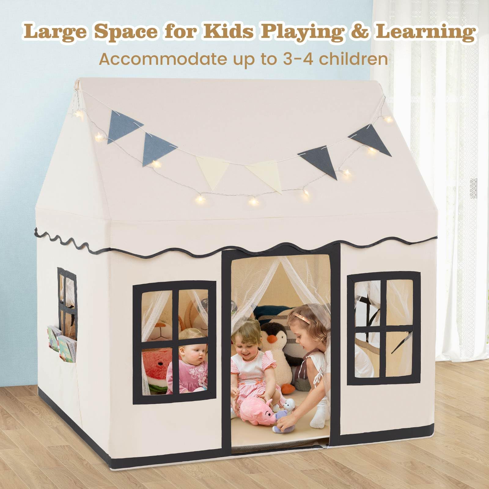 Kids Play Tent, Large Playhouse w/Star String Lights & Flag Banner, Washable Anti-Slip Coral Velvet Mat