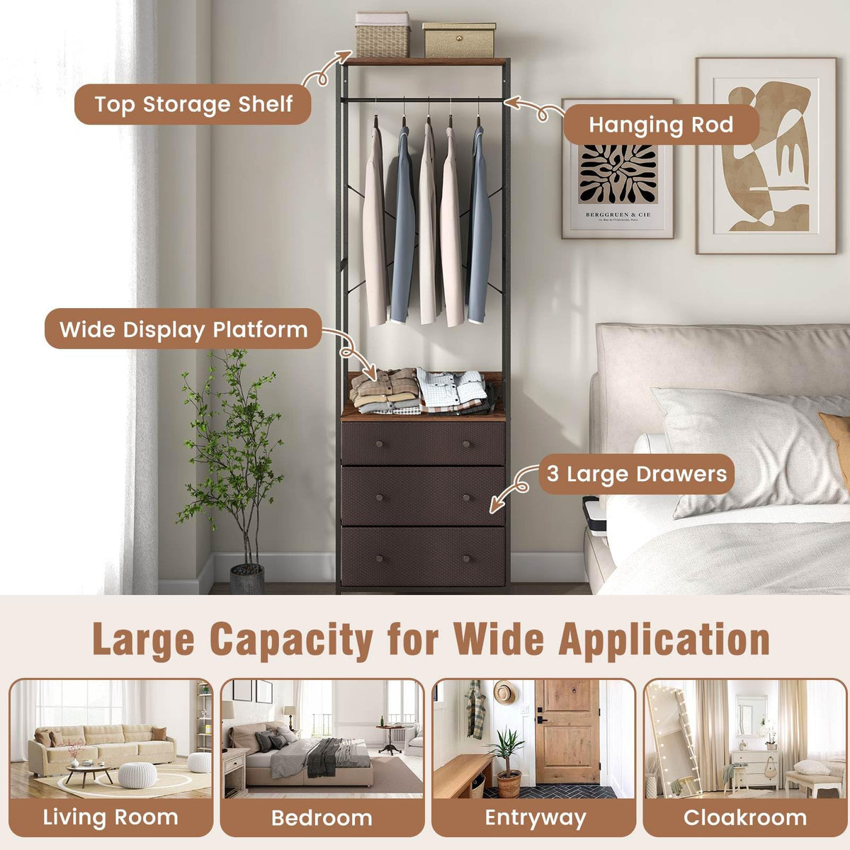 Freestanding Closet Organizer, Clothing Stand Dresser w/ 3-Position Hanging Rod & Storage Shelves