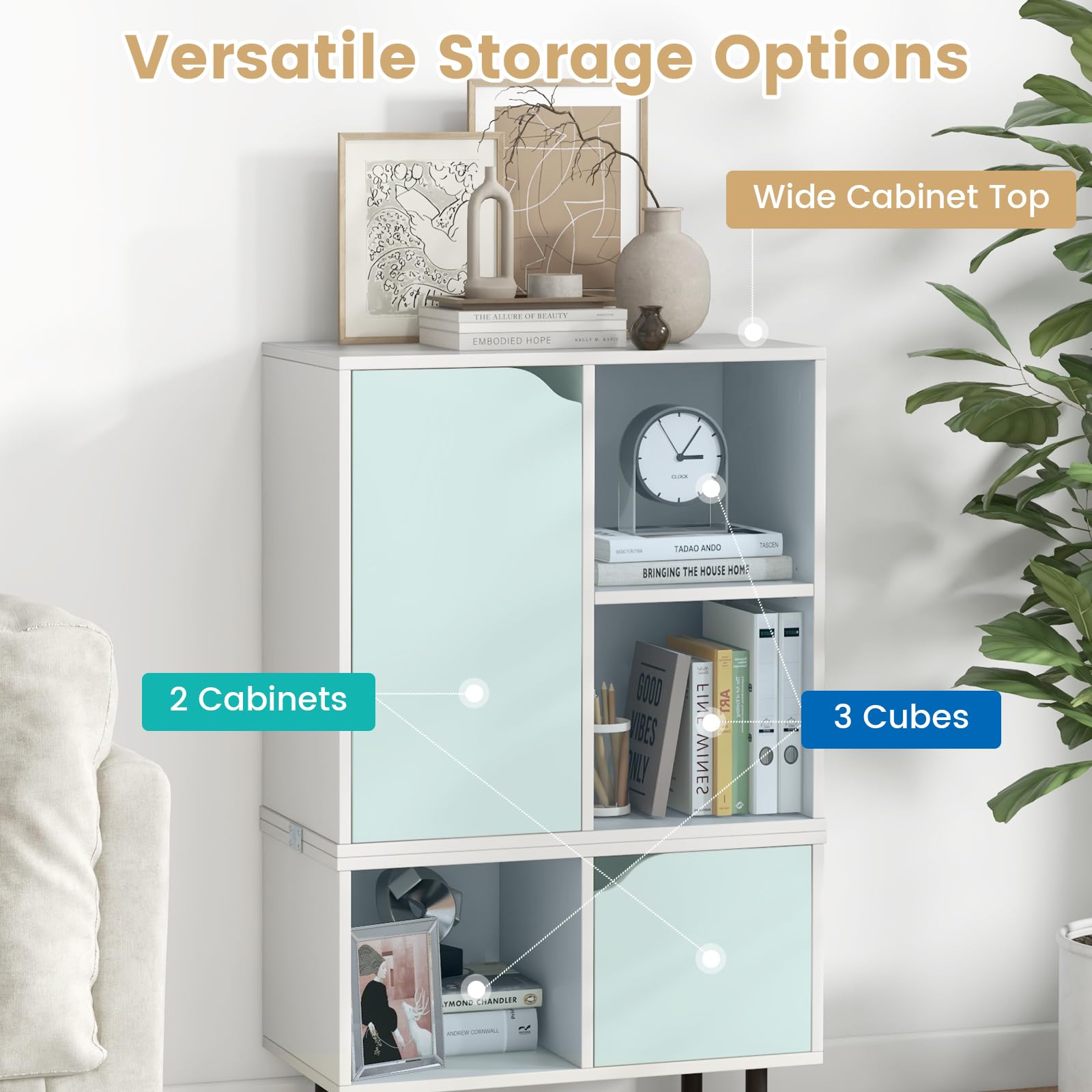 Giantex Stackable Bookcase, Combination Lattice Cabinet, Floor Open Bookshelf w/Adjustable Shelf & Cubes