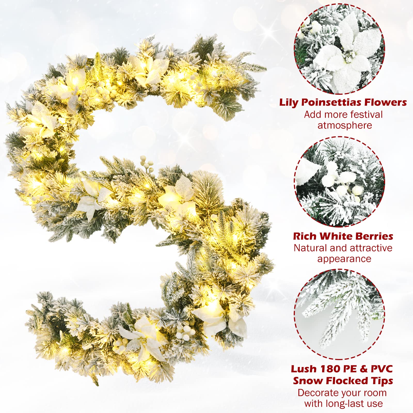 280cm Christmas Garland, Pre-Lit Flocked Garland w/180 Tips