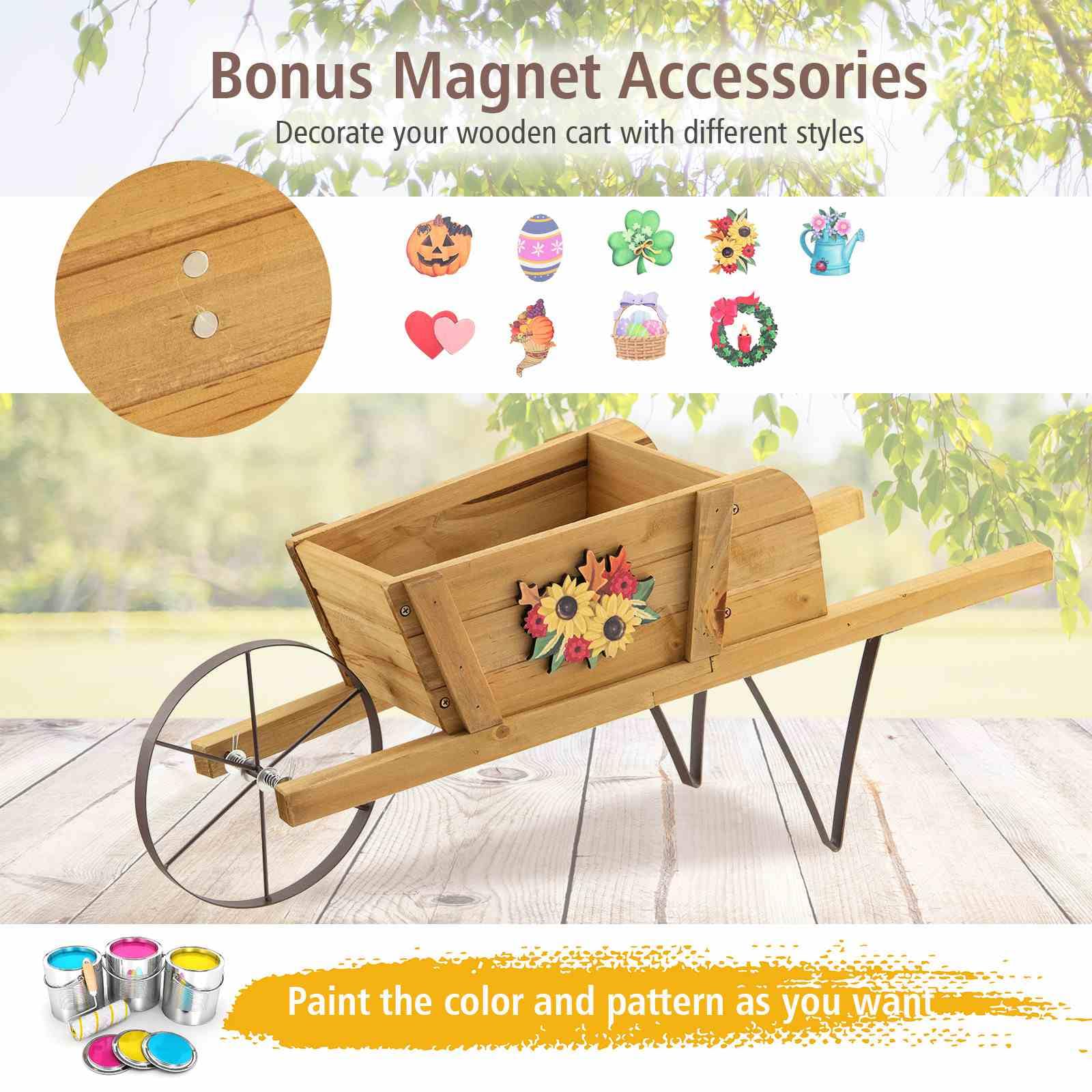 Wooden Wagon Planter, Small Wheelbarrow Wagon Flower, Indoor & Outdoor Raised Bed W/ 9 Magnetic Accessories