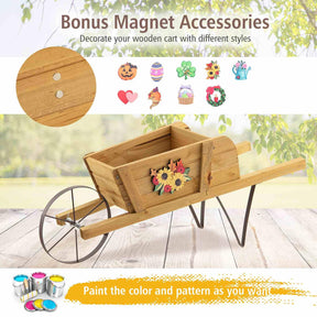 Wooden Wagon Planter, Small Wheelbarrow Wagon Flower, Indoor & Outdoor Raised Bed W/ 9 Magnetic Accessories