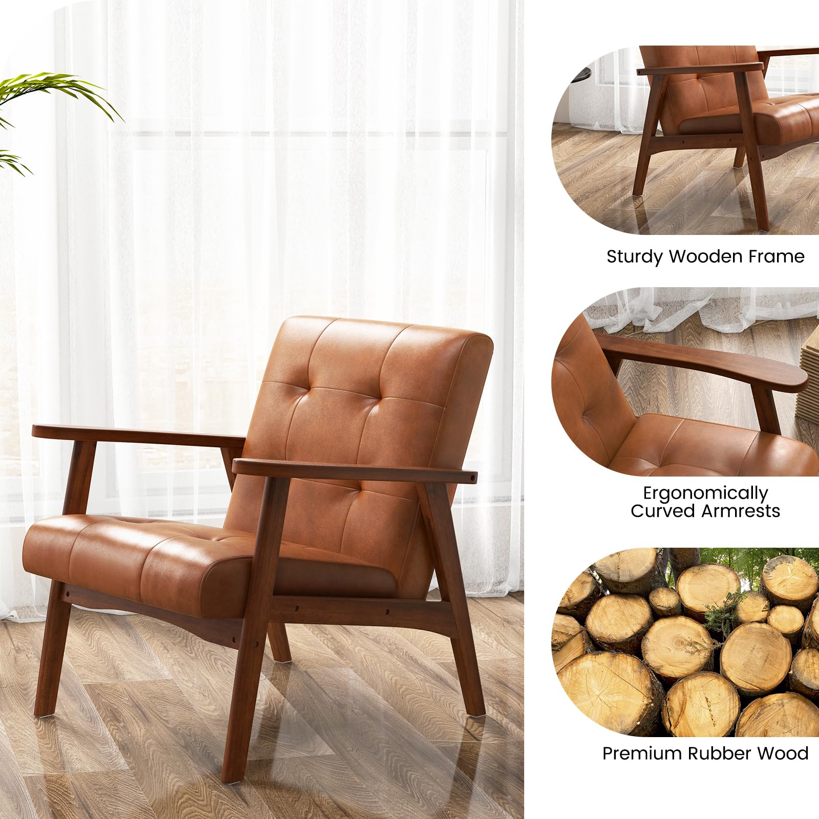 Giantex Mid Century Modern Accent Chair, Living Room Arm Chair with Solid Rubber Wood Frame