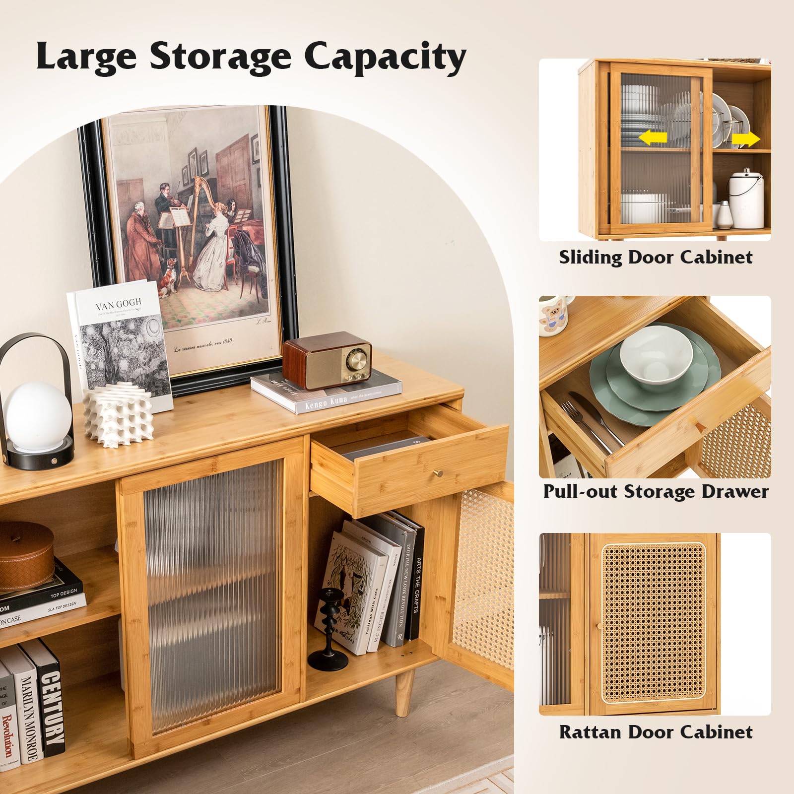 Giantex Buffet Sideboard, Mid Century Modern Bamboo Storage Cabinet w/Tempered Glass Sliding Doors