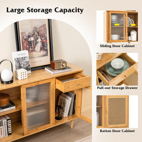 Giantex Buffet Sideboard, Mid Century Modern Bamboo Storage Cabinet w/Tempered Glass Sliding Doors