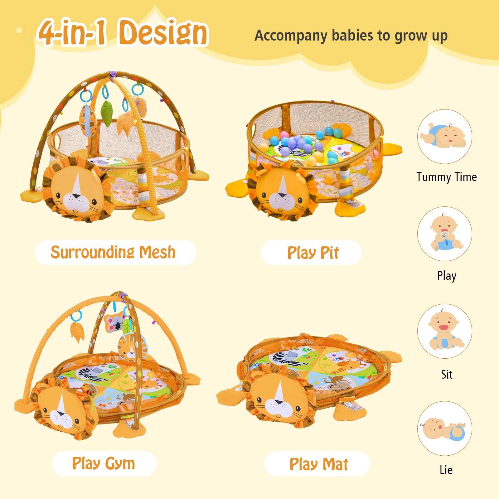 Baby Play Gym, 4-in-1 Baby Play Center for Newborn & Infants w/Soft Padding Mat & Arch Design