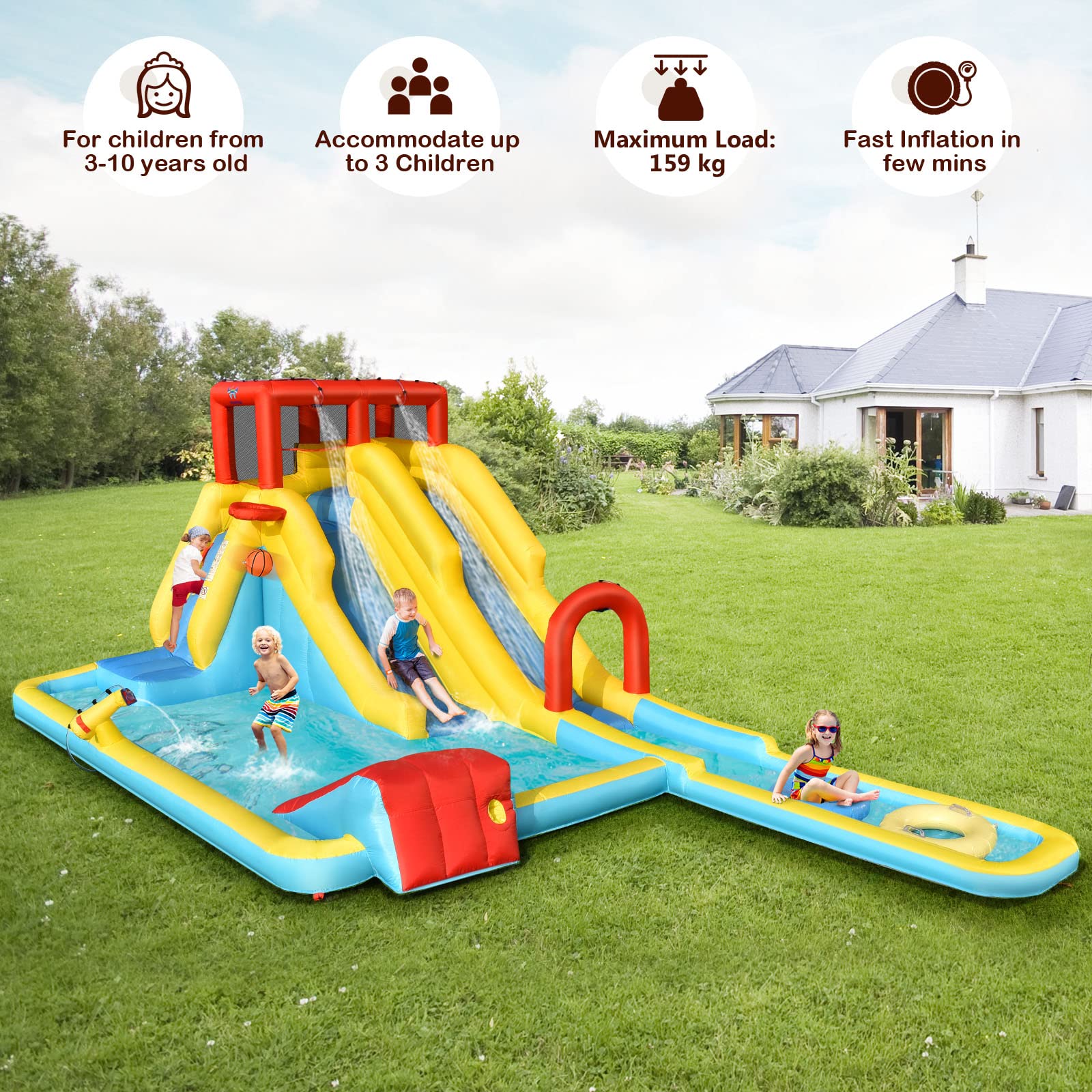 HONEY JOY Inflatable Water Slide, 7-in-1 Double Long Slide Inflatable Water Park w/Climbing Wall (Without Blower)