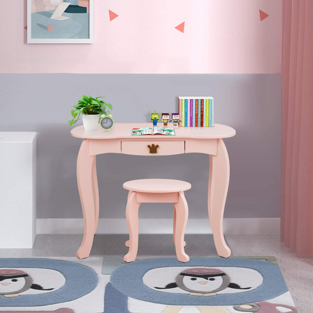 Kids Vanity Dressing Table Stool Set, Children Makeup Table Set, 2 In 1 Kids Dresser for Kids Room
