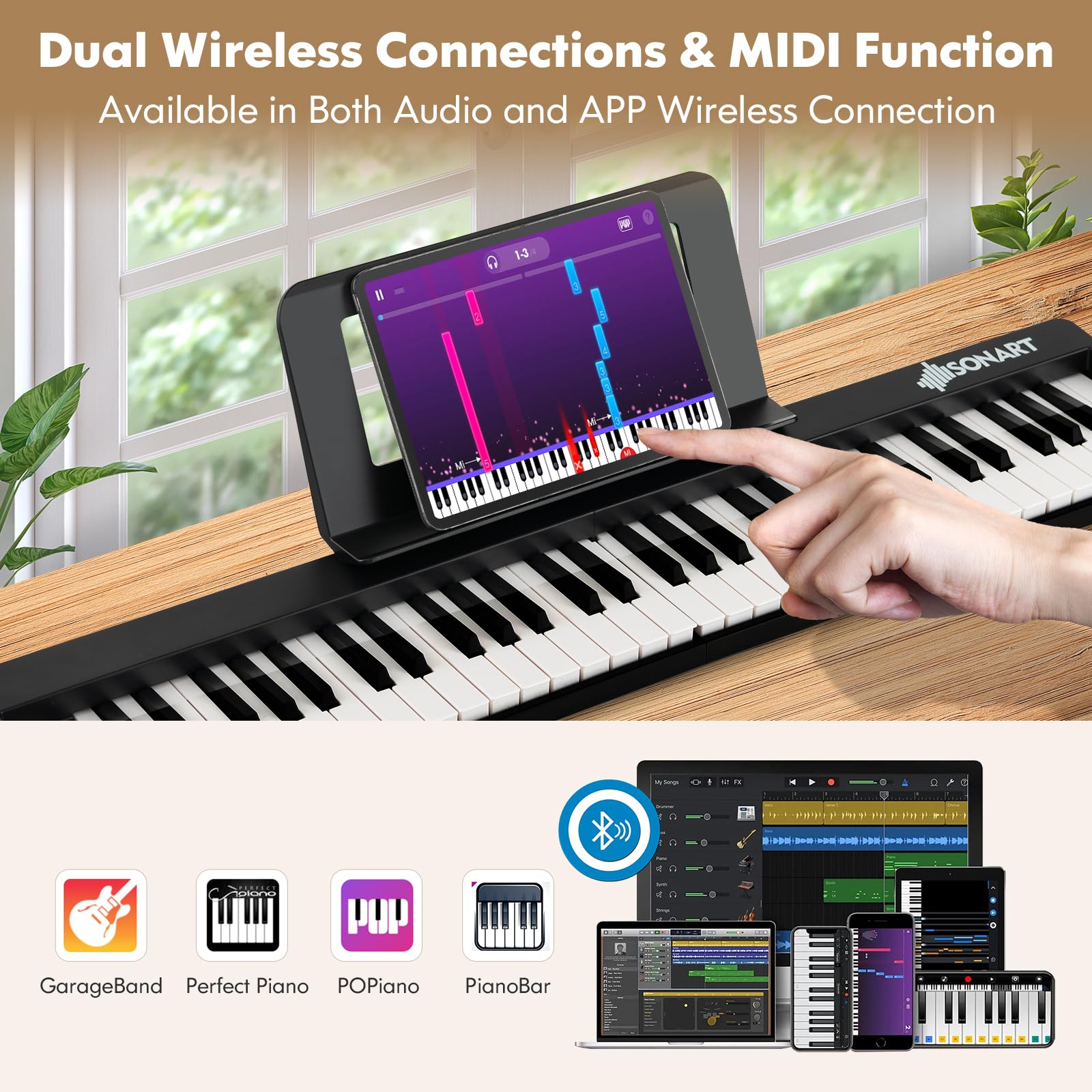 HONEY JOY Foldable 61-Key Piano Keyboard, Portable Electric Piano w/Full Size Keys, Music Stand (Black)