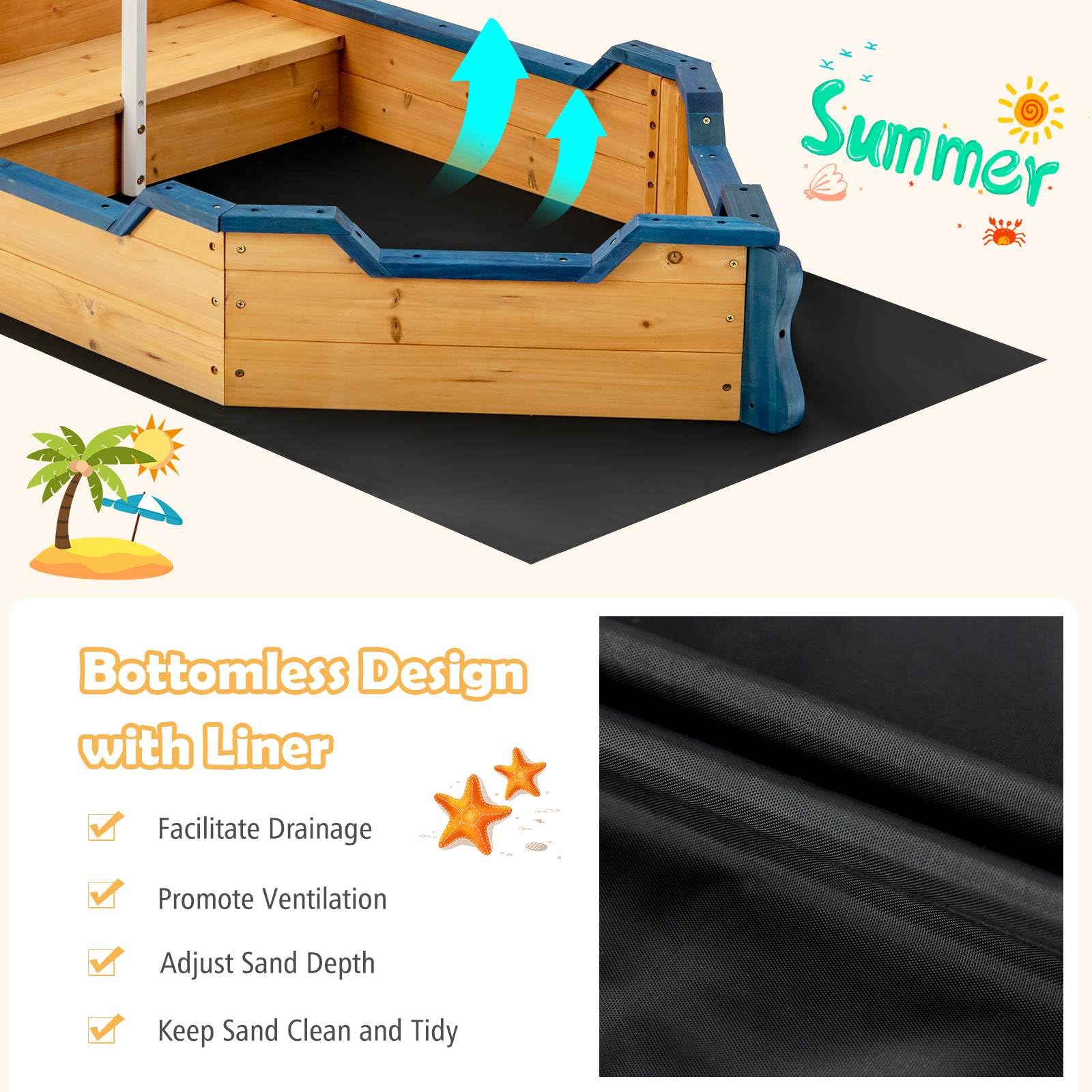 Wooden Sandbox, Large Pirate Ship Play Toy w/2-in-1 Storage Benches, Bottom Sand Protection