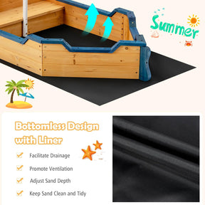 Wooden Sandbox, Large Pirate Ship Play Toy w/2-in-1 Storage Benches, Bottom Sand Protection