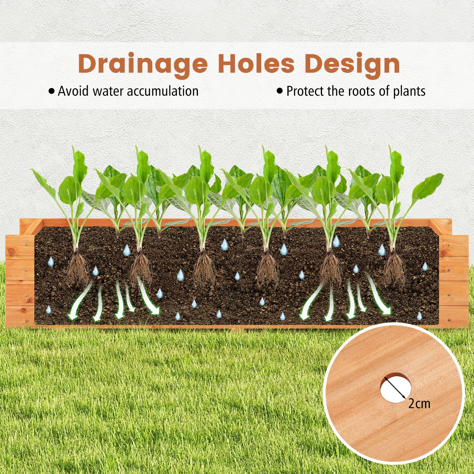 Raised Garden Bed, Fir Wood Planter Box with 2 Drainage Holes & 3 Added Bottom Crossbars