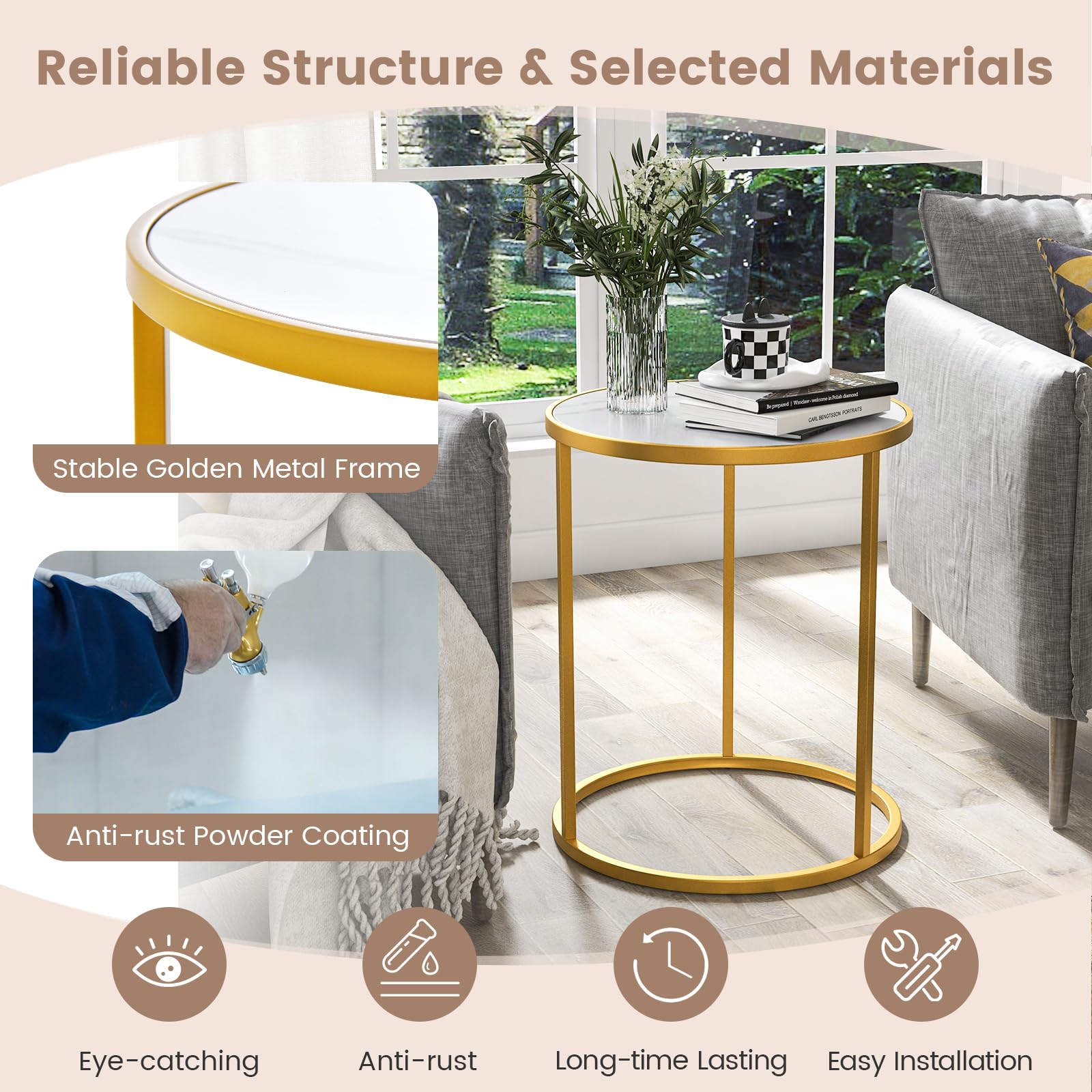 Round Side Table, 40 x 40cm End Table w/Marble Top & Golden Metal Frame
