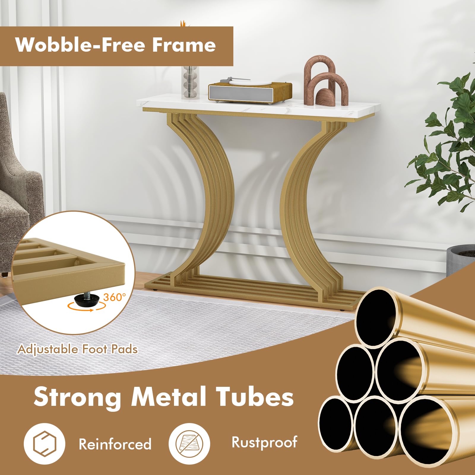 Giantex 100 cm Gold Modern Console Table with White Faux Marble Tabletop