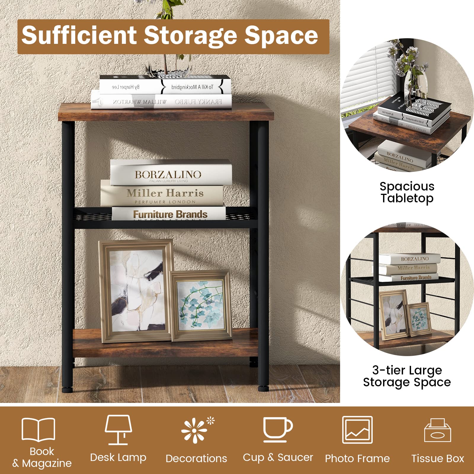 Giantex 3-Tier Industrial Side Table, Metal Frame Bedside Table