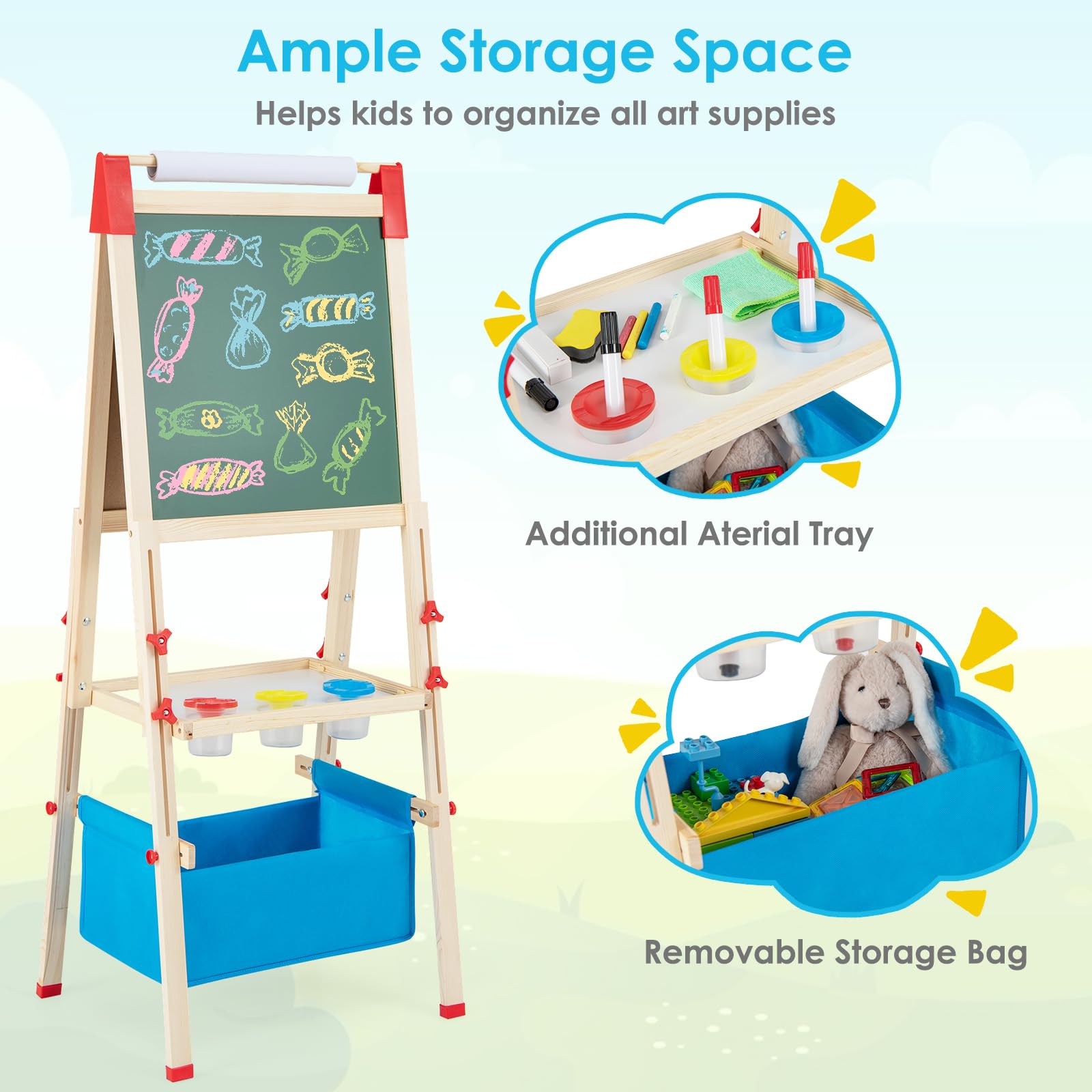 BABY JOY Kids Art Easel, Adjustable Height Double Sided Easel w/Chalkboard & Whiteboard
