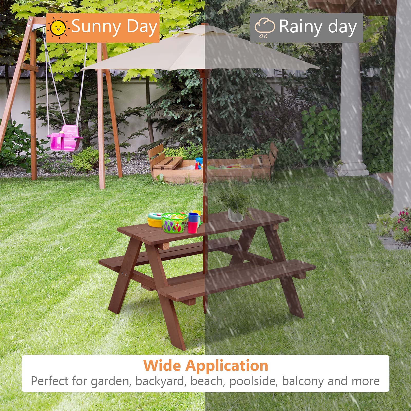 Kids Picnic Table, Wooden Table & Bench Set w/Removable & Foldable Umbrella, Toddler Patio Set for Backyard