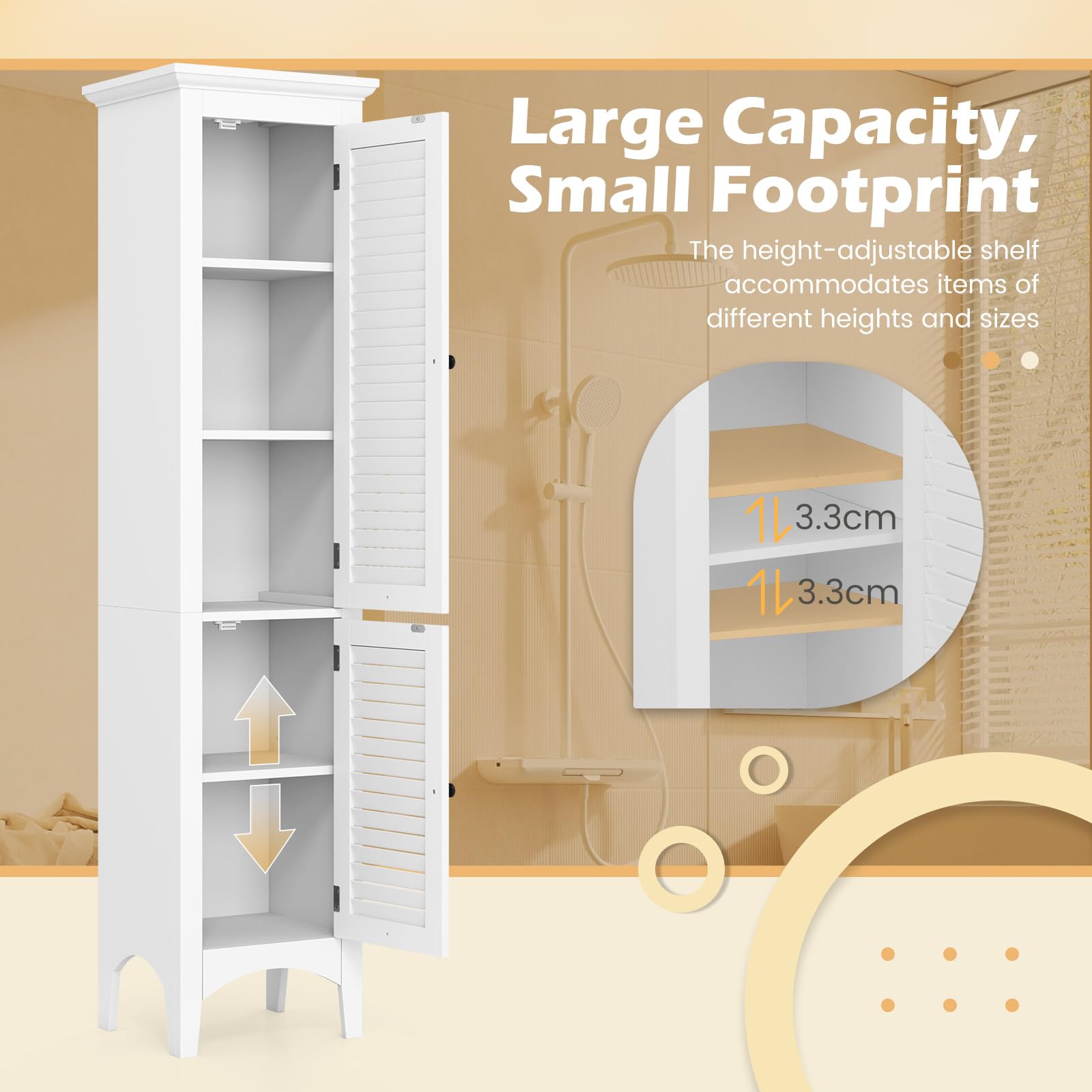 Tall Narrow Bathroom Cabinet with 2 Shutter Doors and Adjustable Shelf