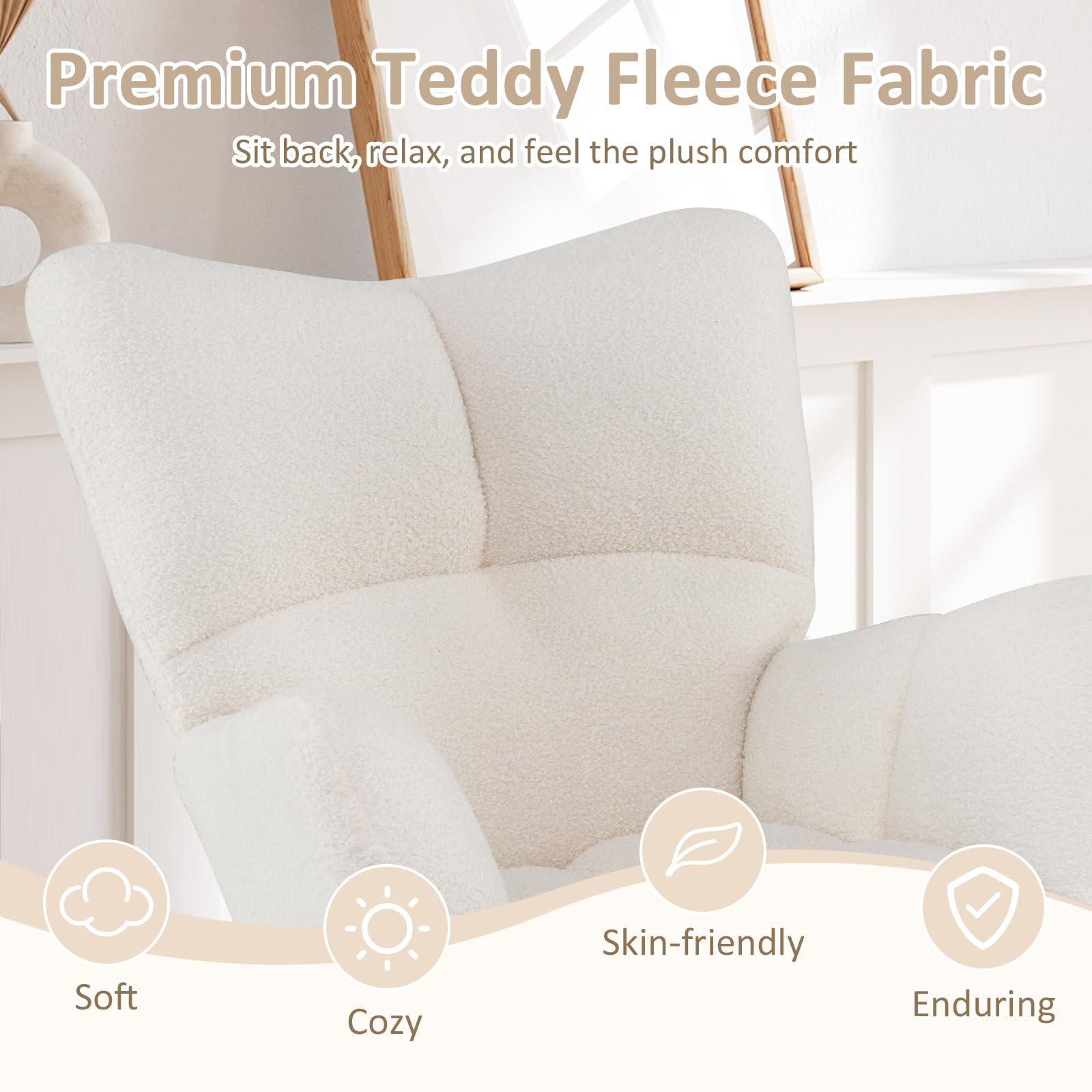 Teddy Fleece Fabric Upholstered Glider Chair Rocking Chair w/ Comfy Backrest