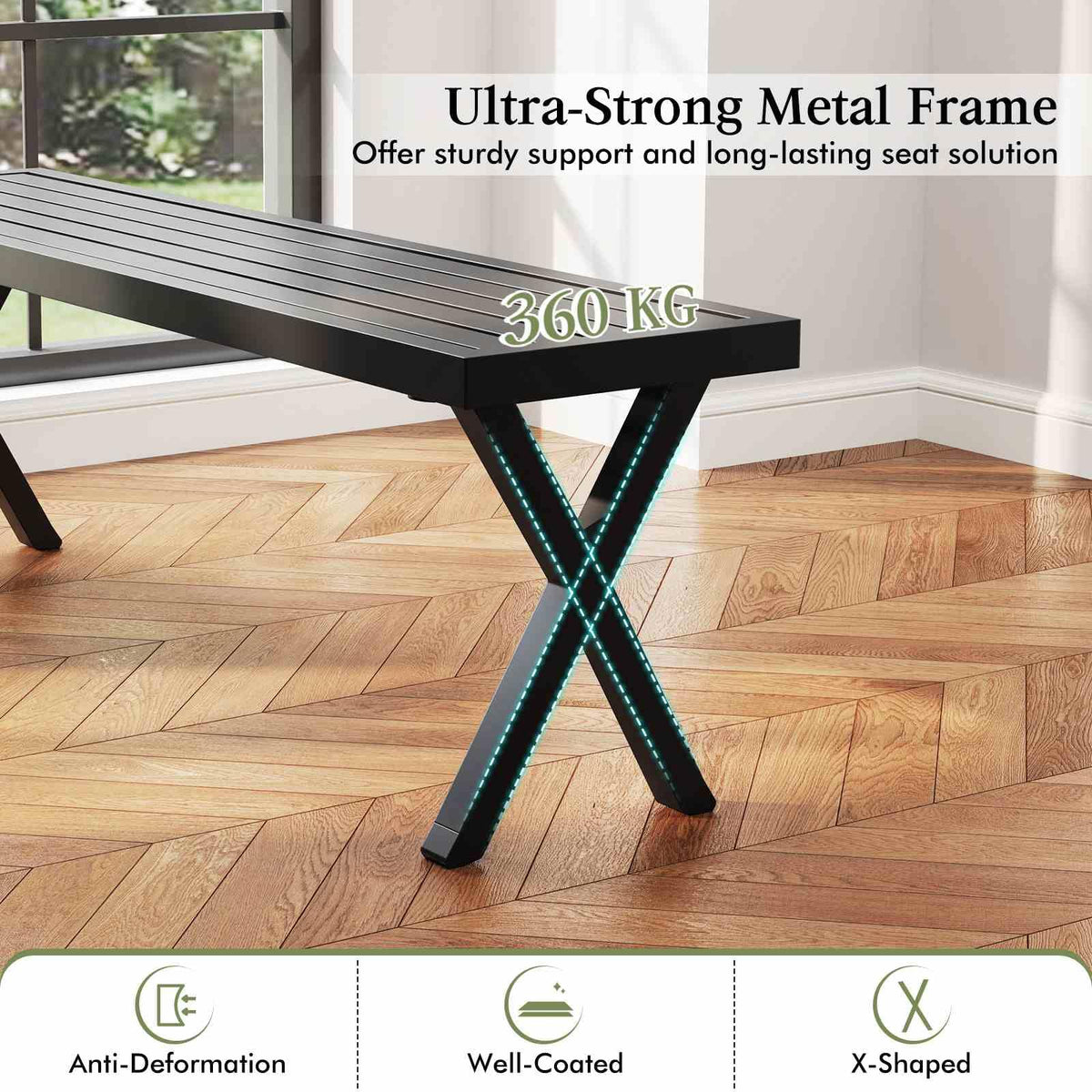 Patio Metal Bench, Heavy-Duty 2-Person Bench w/Slatted Seat & X Legs