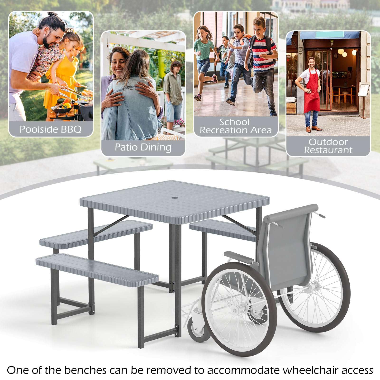 Outdoor Square Camping Dining Table & 4 Benches w/Umbrella Hole