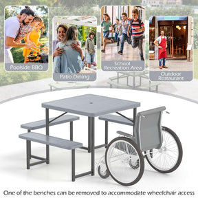 Outdoor Square Camping Dining Table & 4 Benches w/Umbrella Hole