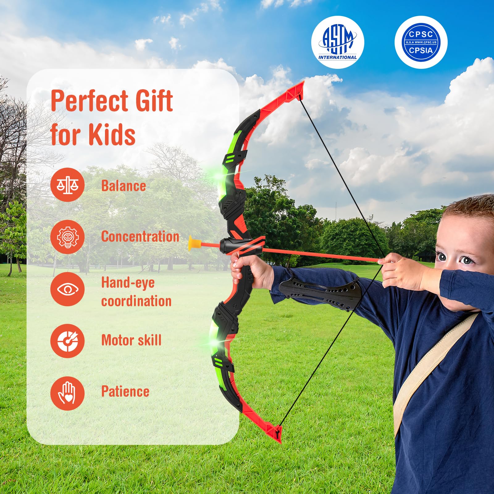 Youth Archery Bow Set, Bow and Arrow Toys for Kids with LED Light Up Bow, 20 Suction Cup Arrows