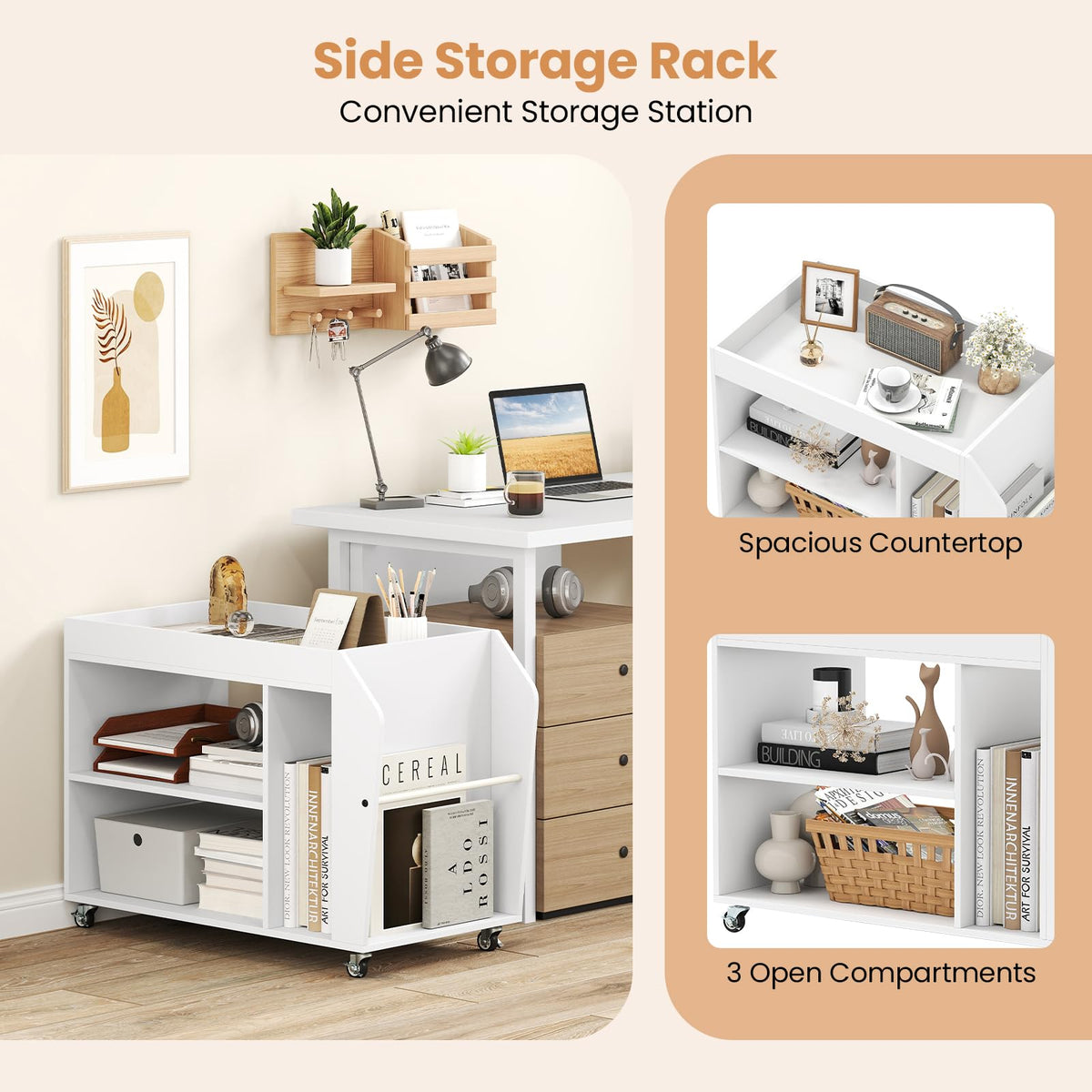 Side End Table, 3-Tier Bookshelf with Universal Wheels, Rolling Nightstand