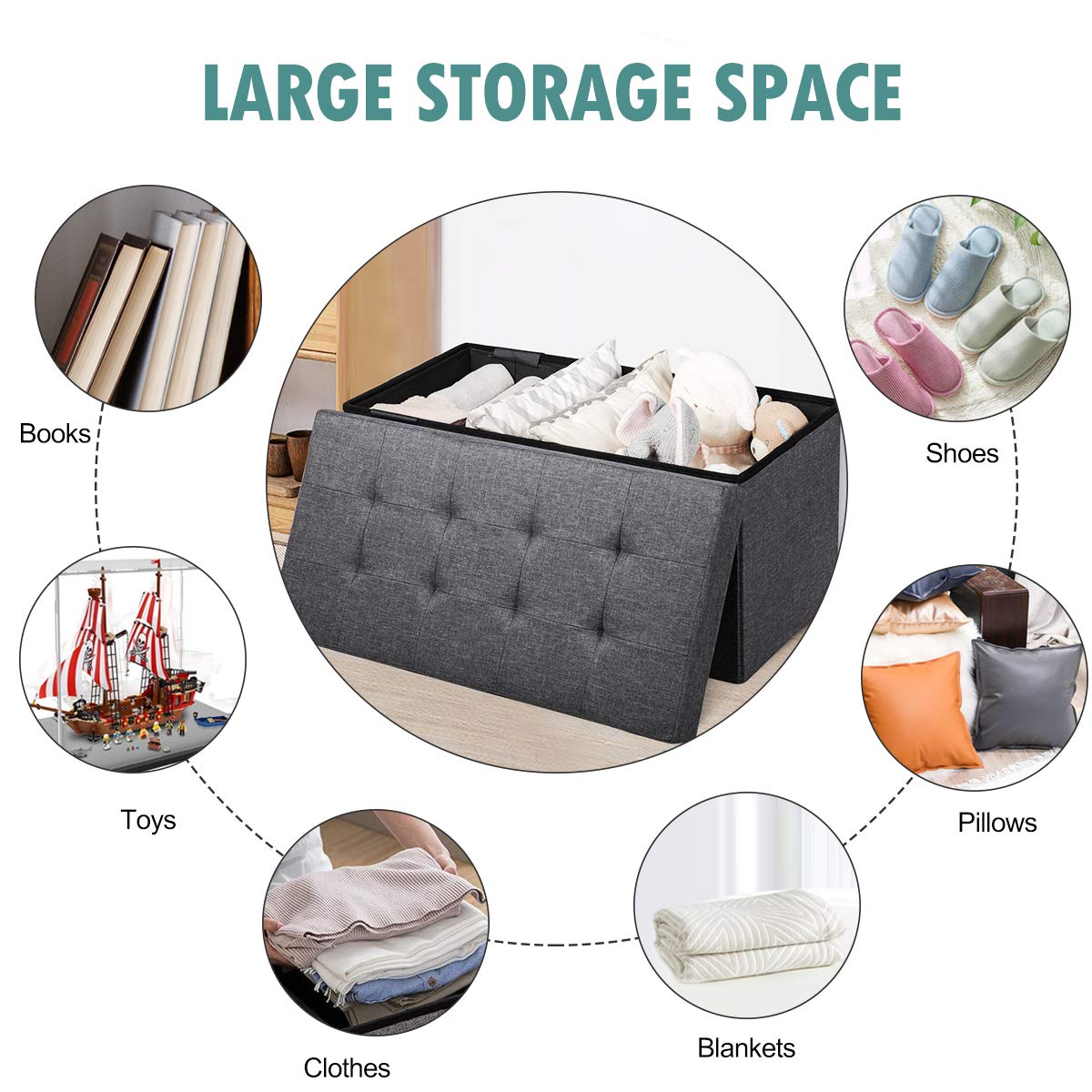 Giantex 80 cm Fabric Foldable Storage Ottoman, Toy Chest with Removable Storage Bin