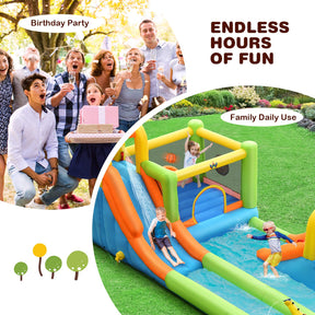 8 in 1 Inflatable Water Slide, Water Park w/Double Slides, Basketball Hoop, Water Gun (with 750W Blower)