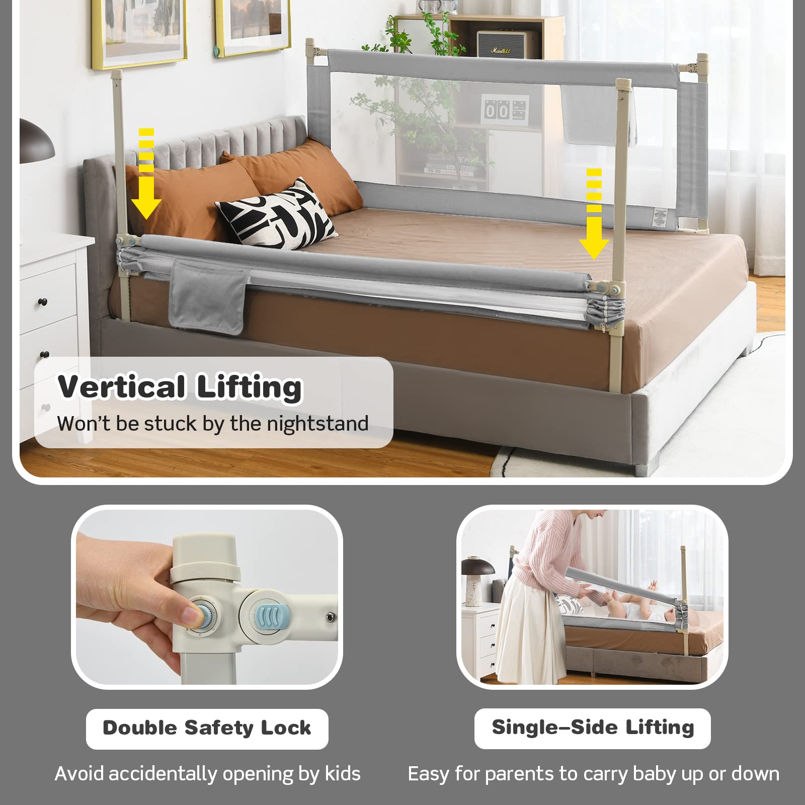 176CM Toddler Bedrail, Extra Tall Safety Bed Guardrail W/Anti-Collision Cotton & Side Pocket