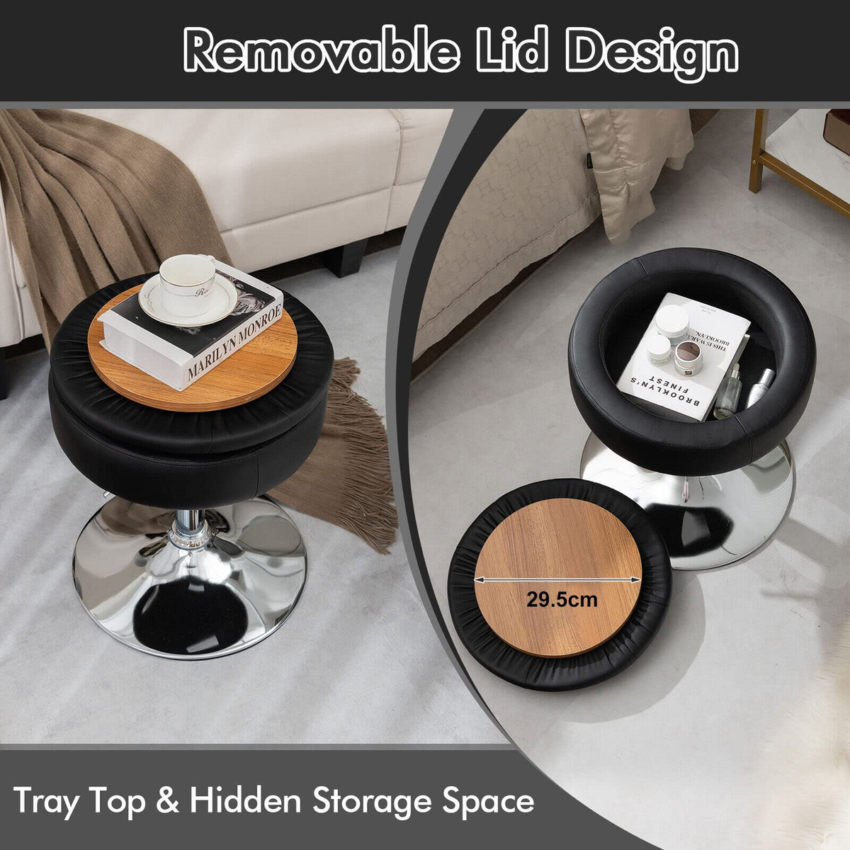 Vanity Stool with Storage, 360° Swivel PU Leather Vanity Chair, 50-66cm Height Adjustable Makeup Stool with Flipped Lid